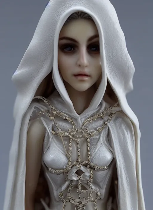 Prompt: 80mm resin detailed miniature of a beautiful Hypriestes, clothed in white robe and hood, beautiful bone structure, symmetrical facial features, Product Introduction Photos, 4K, Full body