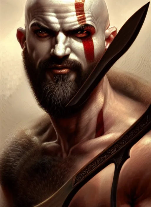 Image similar to closeup portrait shot of kratos with an axe, intricate, elegant, highly detailed, centered, digital painting, artstation, concept art, smooth, sharp focus, illustration, artgerm, tomasz alen kopera, peter mohrbacher, donato giancola, joseph christian leyendecker, wlop, boris vallejo