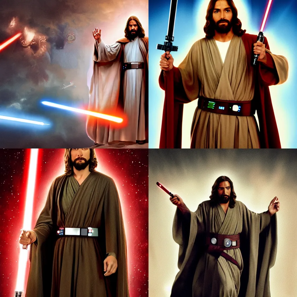 Prompt: Star Wars character poster of Jesus Christ as a Jedi, 4k photography