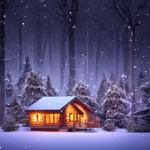 Image similar to Cabin in the woods, photography, nighttime, bright moon, snow, snowy trees, snow storm, Lights from inside the house, raytracing, godrays, smokey chimney, cozy, forest, trees, 8k