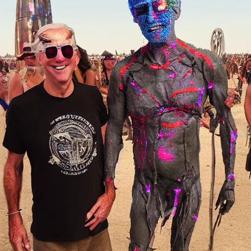 Prompt: a highly very very detailed photo of Joe Biden with ((plasma eyes)) attending Burning Man on the Playa with an Anarcho-primitivist Donald Trump survivalist covered in body glitter, very very detailed, photorealism, Photoshop, very coherent, HD