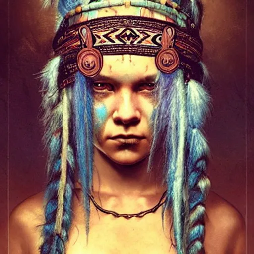 Image similar to A young blindfolded shaman woman with a decorated headband, in the style of heilung, blue hair dreadlocks and wood on her head, tribal piercing and tatoos , atmospheric lighting, intricate detail, cgsociety, ambient light, dynamic lighting, art by karol bak