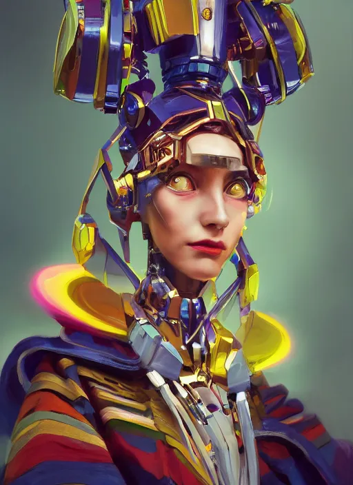 Image similar to an anthropomorphic beautiful mecha female wizard portrait holding a staff wearing colourful robe, fine art, award winning, intricate, elegant, sharp focus, octane render, hyperrealistic, cinematic lighting, highly detailed, digital painting, 8 k concept art, art by jamie hewlett and z. w. gu, masterpiece, trending on artstation, 8 k