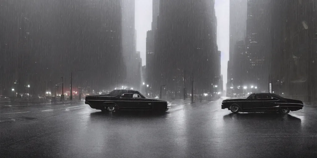 Image similar to A mysterious figure sitting in a black 1970's Chrysler Le Baron with the headlights on, parked on the side of the road in the city of New York while it is raining, by George Tooker, dark and dim, moody, sinister, lighting, 8k render, hyperrealistic