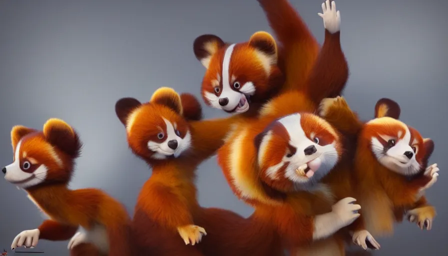 Prompt: very very very cute red pandas by Max Kostenko and Bobby Chiu, disney, pixar, MPC, Framestore, character design for animation, uplight, a lineup of characters, big disney eyes, symmetrical eyes, cuteness, 3d render, octane rendered, rendered by maya and houdini, highly detailed, unreal engine, Trending on Artstation, octane render, 4k, 8k, HD, oil on Canvas by Elena Zhurikhina and Goro Fujita and Charlie Bowater