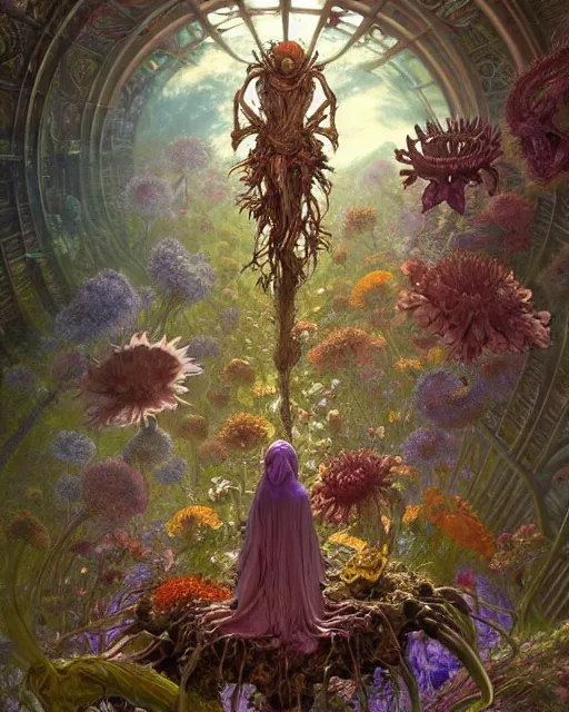 Prompt: the platonic ideal of flowers, rotting, insects and praying of cletus kasady carnage davinci dementor chtulu mandelbulb mandala ponyo dinotopia the witcher, fantasy, ego death, decay, dmt, psilocybin, concept art by randy vargas and greg rutkowski and ruan jia and alphonse mucha