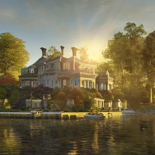 Image similar to a modern country house on the lake, golden hour, spotlight, backlight, sunlight, volumetric light, ray tracing reflections, insanely detailed and intricate, hypermaximalist, elegant, ornate, hyper realistic, super detailed