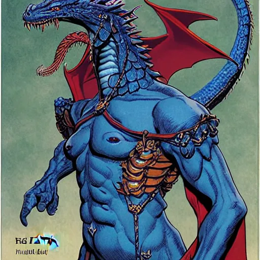 Prompt: half length portrait of a medieval d & d fantasy nerdy anthropomorphic blue dragon - headed - human hybrid with electrcity magic, comic book cover art photo by phil noto, frank miller, hr giger, alex ross, glenn fabry