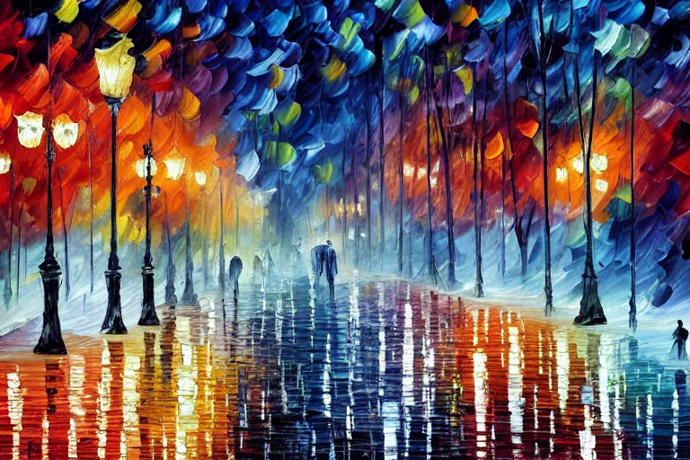 Image similar to a detailed painting of a park at night by leonid afremov and william de nuncques, rain puddles, a glitched dystopian city in the background, in foreground two plague doctors