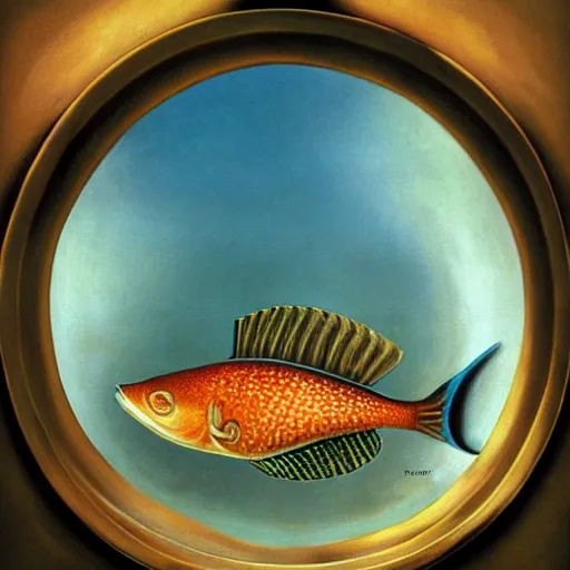 Image similar to a fish on the top of a pile of fish, inside a cooking pot, side view, by vladimir kush, dystopian aer, rococo