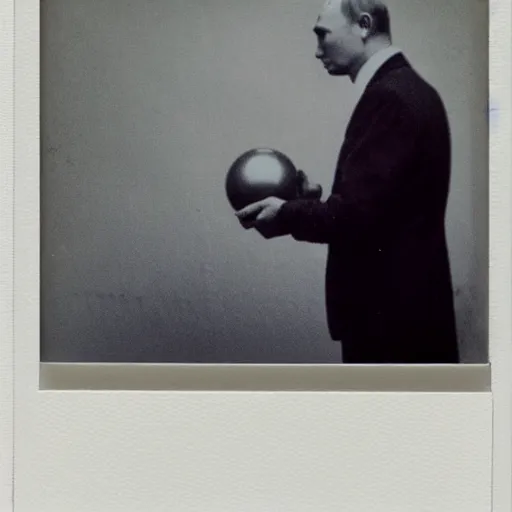 Image similar to Vladimir putin looking at an atomic bomb. polaroid. bleak.