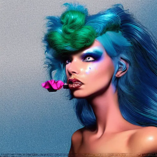 Image similar to Glam hair, 80s hair, Elf girl with blue skin, alien skin, blue elf, blue, blue-skinned elf, green hair, hairspray, big hair, wild hair, glam make-up, 80s, illustration, fantasy art, trending on ArtStation, 1980s fantasy art