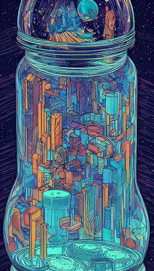 Prompt: Luminous jars full of dreams, futurism, da vinci, Dan Mumford, Josan Gonzalez