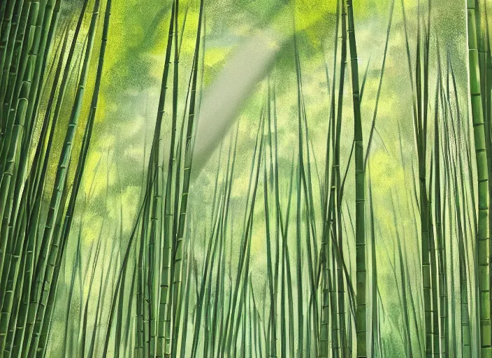 Prompt: beautiful japanese bamboo forest, sunny, extreme detail, cartoony, sketched, mid day, realistic lighting, light rays, by studio ghibli, trending on artstation, 4 k, hd