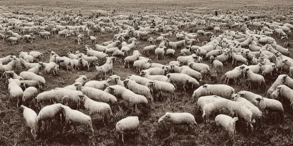 Image similar to a disembodied ear floats above a field of sheep in england, hipgnosis artwork