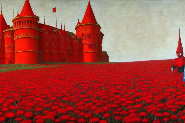 Image similar to only with red, red flowers of different types, red castle in background, red medieval goblins, in the style of beksinski, parts by edward hopper, parts by rodcenko, parts by yue minjun, intricate and epic composition, red by caravaggio, insanely quality, highly detailed, masterpiece, red light, artstation, 4 k