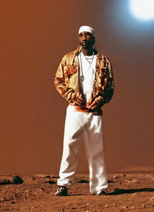 Prompt: an aesthetic 8 k futuristic official photograph of tupac shakur posing shirtless on mars wearing a huge torn up light brownish coat and y 2 k white pants
