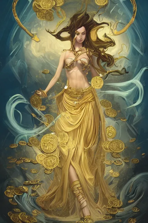 Prompt: tarot card of a woman with gold coins, treasure, riches, epic scene, style of peter mohrbacher, elegant woman, long flowing golden hair, beautiful woman, lots of coins, fractal, luxury, greedy, ornate, highly detailed