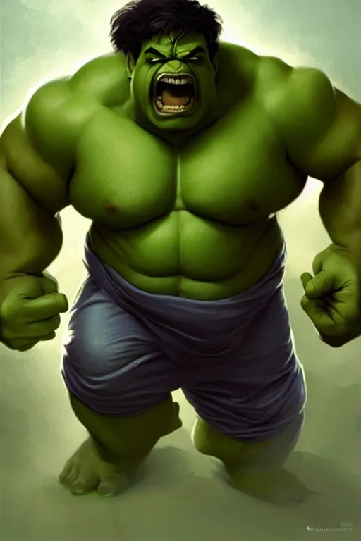 Image similar to Amit Shah as Hulk, Hulk costume, Amit Shah hairstyle, Hulk body type, Amit Shah Face, calm, grumpy, portrait, masculine figure, highly detailed, digital painting, artstation, concept art, smooth, sharp focus, illustration, cinematic lighting, art by artgerm and greg rutkowski and alphonse mucha