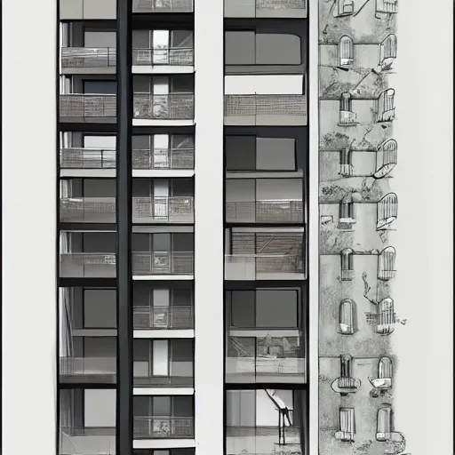 Image similar to cutaway drawing of a building, view on the different appartement, by studio muti