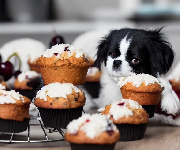 Image similar to white and black japanese chin dog eating cherry muffins
