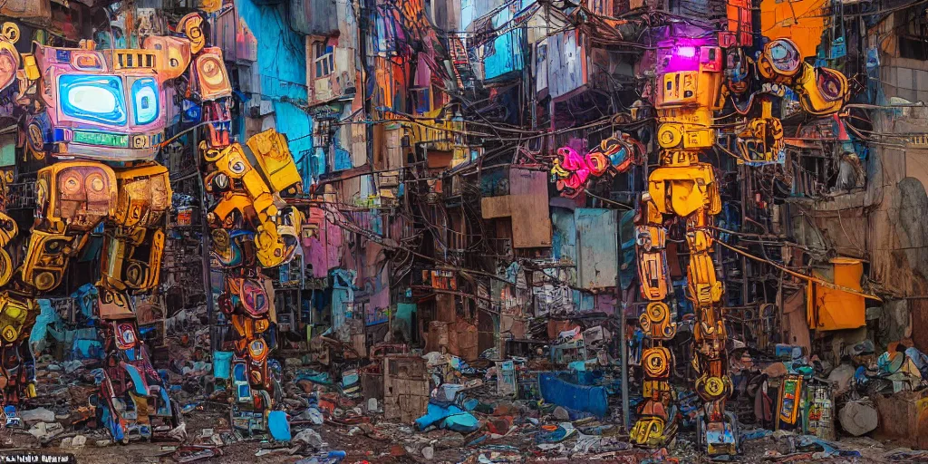 Image similar to colourful - damaged - giant mecha ROBOT of neon lit AJEGUNLE SLUMS of Lagos, markings on robot, Golden Hour,