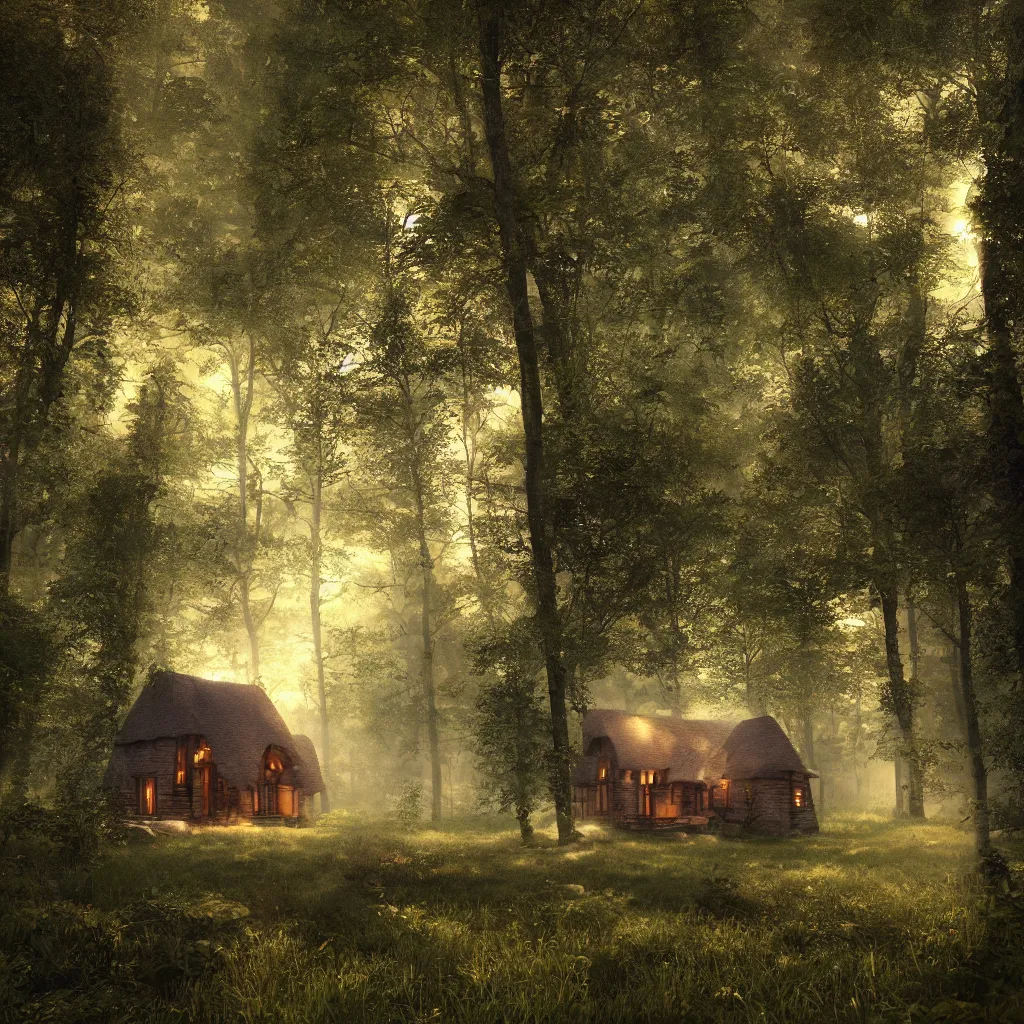 Prompt: a cottage in the woods , fantasy, hyper realistic, dramatic lighting, 8k