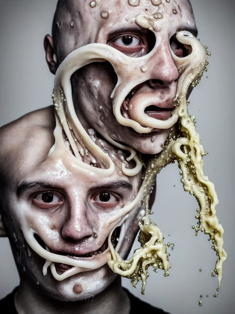 Prompt: a perfect photograph of a man with skin squid grafts. his face is slick with oozing slime. he is wearing a translucent concrete face mask. the man is disintegrating into butter. a sculpture of nonsense. a bizarre phantom memory of a past that never was.