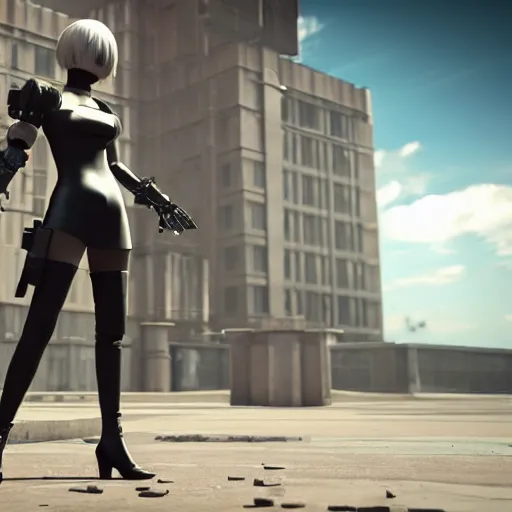 Prompt: 2 b nier automata standing in front of a tall building holding a gun, 3 d render, unreal engine, octane render, ray tracing, unity, highly detailed, high quality, hd, 4 k, 8 k, realistic, sharp, trending