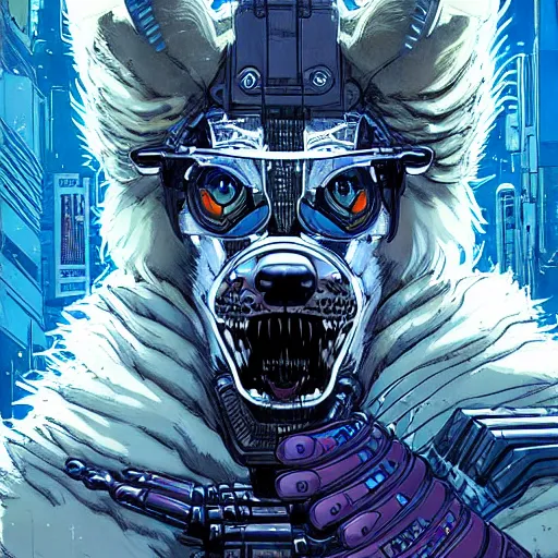 Image similar to portrait of a cybernetic werewolf warrior with white fur and power armor, cyberpunk concept art by josan gonzales and moebius and enki bilal and and dan mumford and jean claude meziere and philippe druilleg
