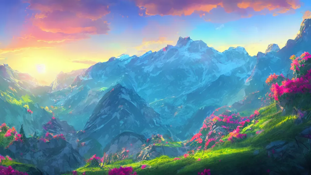 Image similar to a flowery unreal mountain scenery, sunset, cartoon, cute, artstation, digital art.