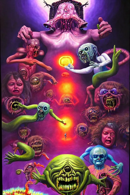 Image similar to a hyperrealistic painting of the epic final boss fight against mega grandma, cinematic horror by chris cunningham, lisa frank, richard corben, highly detailed, vivid color,