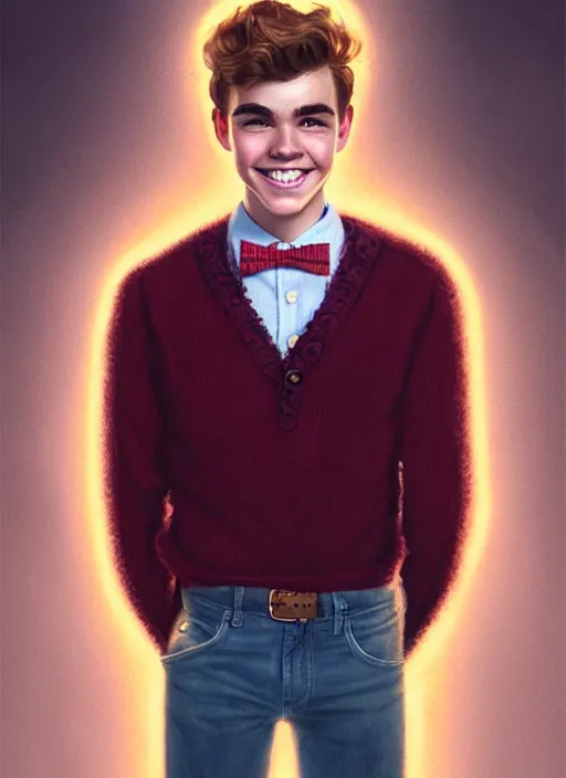 Image similar to portrait of teenage archie andrews, freckles, curly middle part haircut, curly hair, middle part hairstyle, smiling kindly, wearing a bowtie and sweater vest, intricate, elegant, glowing lights, highly detailed, digital painting, artstation, concept art, smooth, sharp focus, illustration, art by wlop, mars ravelo and greg rutkowski