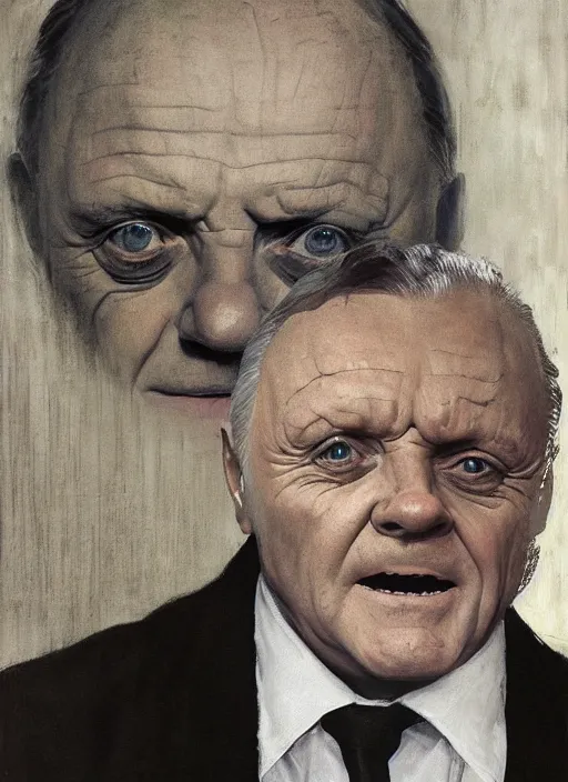 Image similar to Anthony Hopkins with hysterical facial expression at the art deco hospital painting by Edward Hopper and James Gilleard, Zdzislaw Beksinski highly detailed