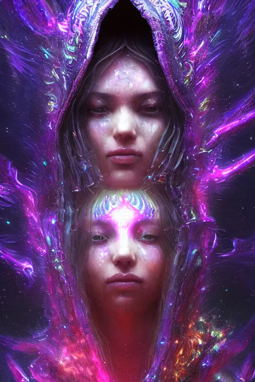 Prompt: a psychedlic full body portrait of a mysterious goddess with a very long hooded cloak made of stars and clouds, by maciej kuciara and jason chan, ominous, cosmic horror, trending on artstation, ultra detailed, hyper realistic 4 k, volumetric light, iridescent,