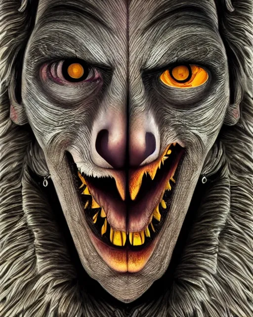 Image similar to halloween werewolf themed surrealist art in the styles of igor morski, jim warren, and a tim burton film, intricate, hyperrealistic, accurate facial details, volumetric lighting