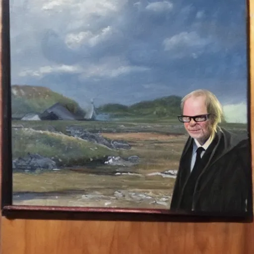 Image similar to Oil painting of Lars Vilks posing infront of Nimis