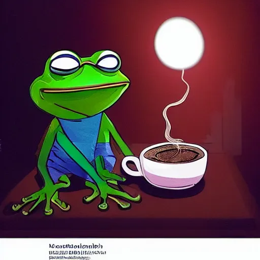 Image similar to pepe the frog offering coffee - composition : dynamic lighting, depth details, intricate, asymmetric, proportion, highly quality, balance, unity, extremely highly detailed. by bambang nurdianshyah ( face details and background ) garis edelweiss ( lighting ) roby dwi antono ( character and big details ) kira ayn varszegi ( small details )