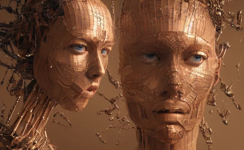 Image similar to hyperrealistic mixed media portrait of humanoid roboter forward angle, stunning 3d render inspired art by P. Craig Russell and Barry Windsor-Smith + perfect facial symmetry + dim volumetric lighting, 8k octane beautifully detailed render, post-processing, extremely hyperdetailed, intricate complexity, epic composition, grim yet sparkling atmosphere, cinematic lighting + masterpiece, trending on artstation