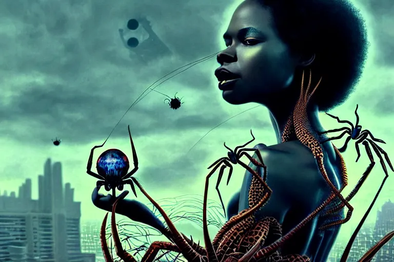 Prompt: realistic detailed closeup portrait movie shot of a beautiful black woman with riding giant spider, dystopian city landscape background by denis villeneuve, amano, yves tanguy, alphonse mucha, max ernst, ernst haeckel, kehinde wiley, caravaggio, roger dean, cyber necklace, rich moody colours, sci fi patterns, wide angle