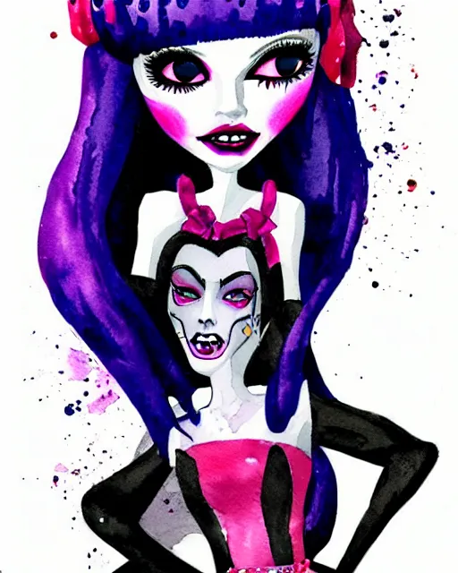 Image similar to watercolor portrait of monster high draculaura doll, by darkodordevic, blanca alvarez, liu yi, watercolor