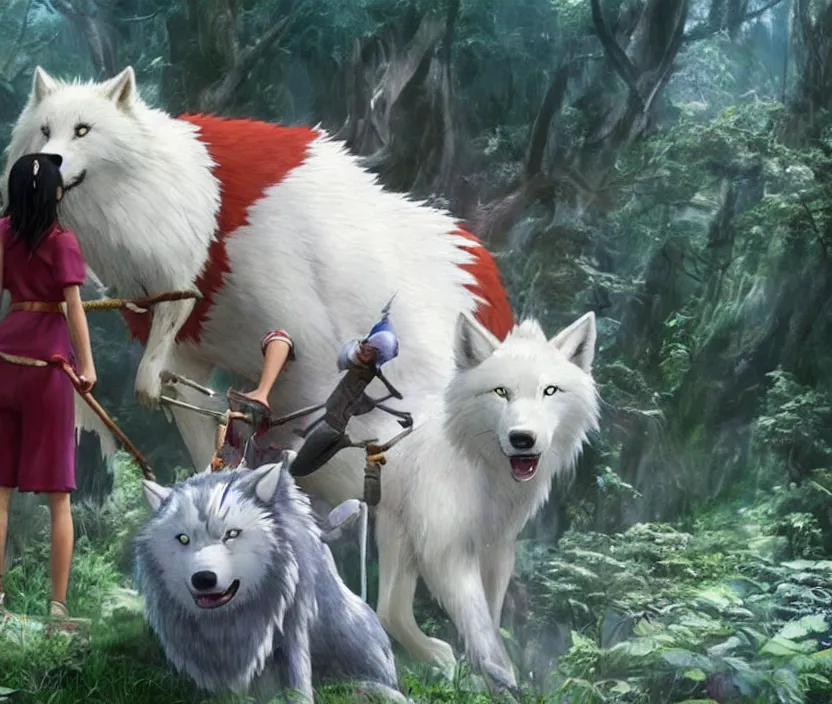 Image similar to Promotional photo of the live-action remake of the 1997 Studio Ghibli film Princess Mononoke. We see San riding her beautiful giant white wolf.