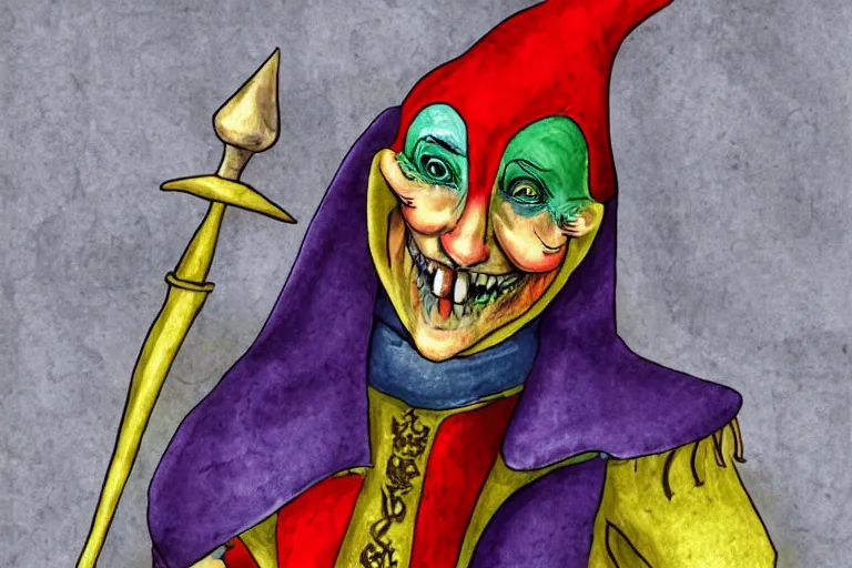 Image similar to medieval jester, colorful, sinister, digital art,