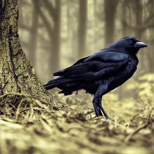 Image similar to mixture between an! crow and wolf, photograph captured in a dark forest, realistic