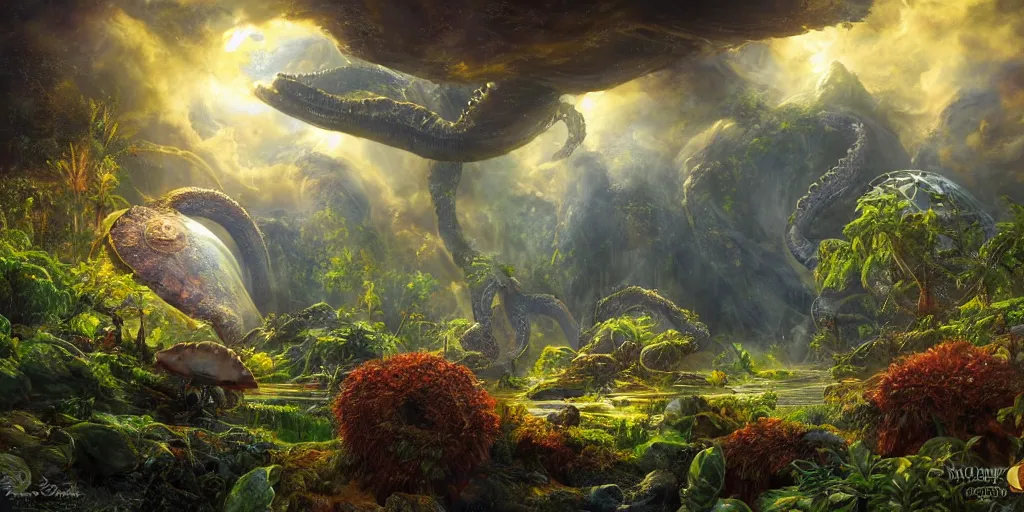 Image similar to fantasy oil painting, klattu spacecraft, outer worlds, great leviathan, turtle cephalopod terrapin reptilian pachyderm amphibian hybrid, rainforest mountains, lush plants flowers, epic natural light, bright clouds, luminous sky, bright cinematic key lighting, michael cheval, michael whelan, vray, 8 k hd