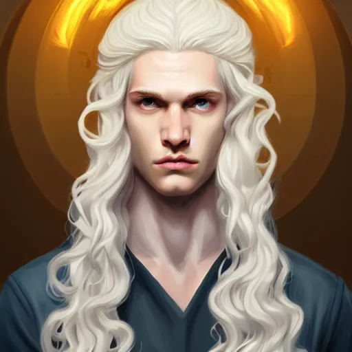 Image similar to Lucius the pale blond androgynous god of the sun, highly detailed, very very very long curly blond hair, extremely luscious curly blond hair, very very very pale white skin, digital painting, artstation, concept art, soft light, sharp focus, illustration