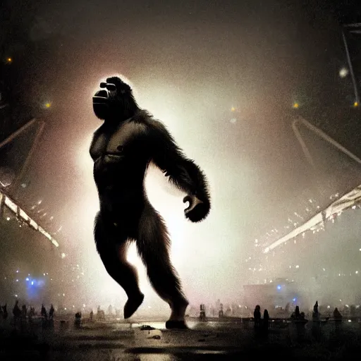 Image similar to a gorilla performing on stage at Coachella, dramatic lighting, illustration by Greg rutkowski, yoji shinkawa, 4k, digital art, concept art, trending on artstation