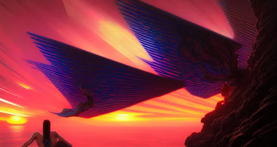 Prompt: psychedelic tron wings in front mind bending sunset, cliffside ocean scene, backlit, aesthetic, diffuse lighting, hyper realistic, elegant, intricate, hyper detailed, smooth, sharp focus, concept art, illustration, trending on artstation, art by artem demura, greg rutkowski, james gurney, and alphonse mucha