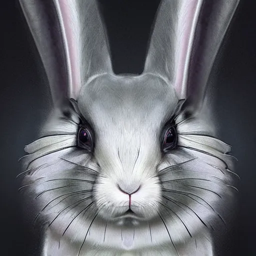 Image similar to tom bagshaw, soft painting fractal curiosities carnival, very beautiful female rabbit hybrid in full ornated nightshade fur armor, partial symmetry accurate features, focus, very intricate ultrafine details, black white purple volumetric clouds, award winning masterpiece, octane render 8 k hd