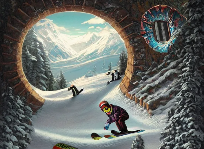 Prompt: a snowboard downhill with a portal to another dimension on the end, lowbrow, matte painting, 3 - d highly detailed, in the style of mark ryden,